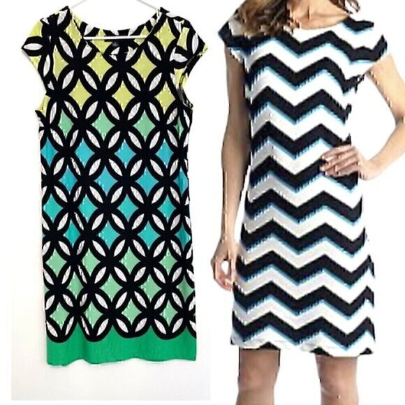 MADISON LEIGH Black White Green Geometric Print Short Cap Sleeve Sheath Dress 12 - Picture 1 of 14